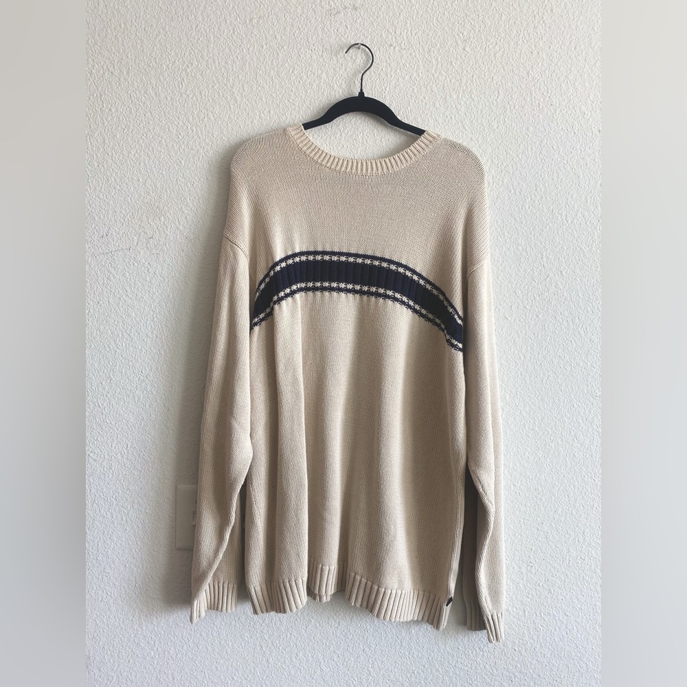 Timberland Men’s knit sweater, cream color with navy blue stripe, oversized
